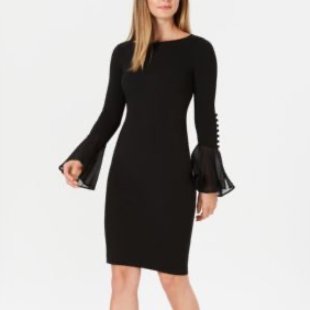 {Calvin Klein} Black Petite Chiffon Bell-Sleeve Sheath Dress